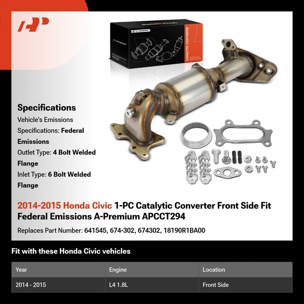 2014-2015 Honda Civic 1-PC Catalytic Converter Front Side Fit Federal Emissions A-Premium APCCT294