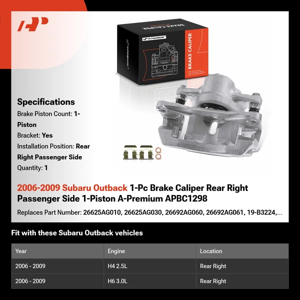 2006-2009 Subaru Outback 1-Pc Brake Caliper Rear Right Passenger Side 1-Piston A-Premium APBC1298