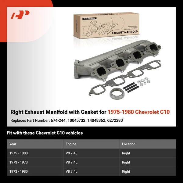 Right Exhaust Manifold with Gasket for 1975-1980 Chevrolet C10