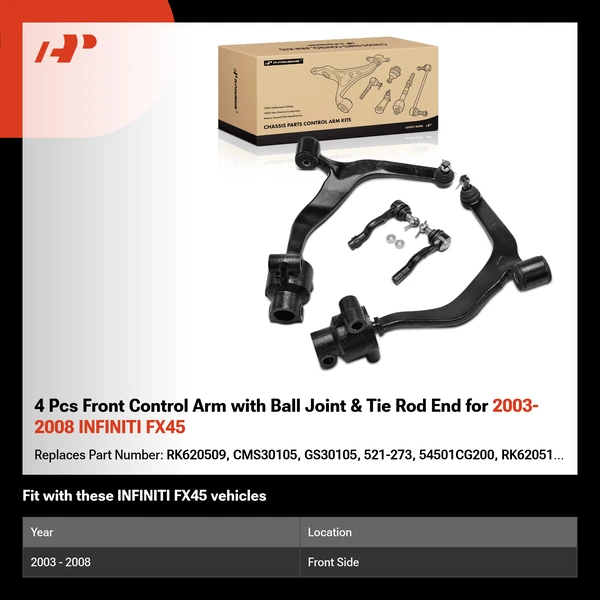 4 Pcs Front Control Arm with Ball Joint & Tie Rod End for 2003-2008 INFINITI FX45
