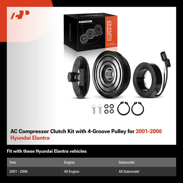 AC Compressor Clutch Kit with 4-Groove Pulley for 2001-2006 Hyundai Elantra