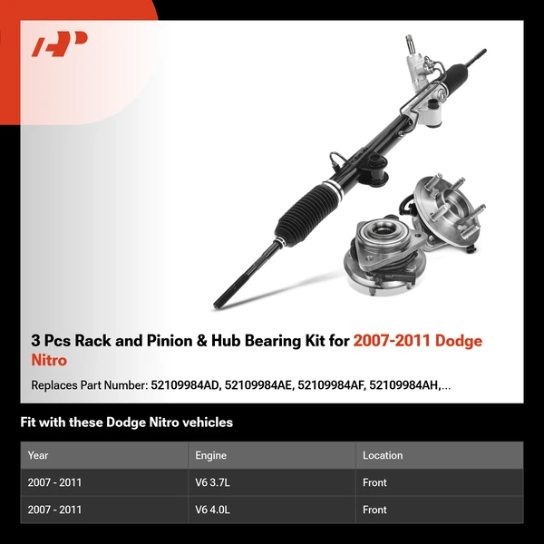 3 Pcs Rack and Pinion & Hub Bearing Kit for 2007-2011 Dodge Nitro