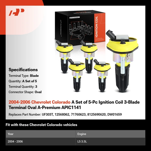 2004-2006 Chevrolet Colorado A Set of 5-Pc Ignition Coil 3-Blade Terminal Oval A-Premium APIC1141