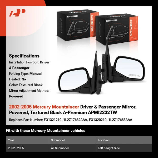 2002-2005 Mercury Mountaineer Driver & Passenger Mirror, Powered, Textured Black A-Premium APMI2232TW