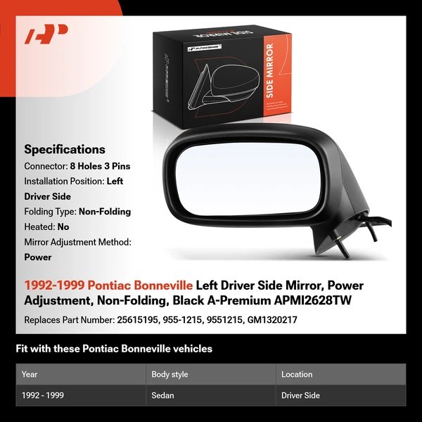 1992-1999 Pontiac Bonneville Left Driver Side Mirror, Power Adjustment, Non-Folding, Black A-Premium APMI2628TW