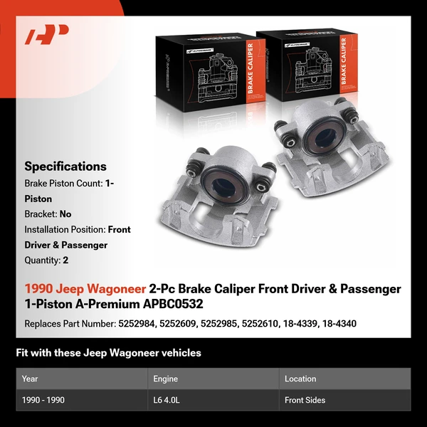1990 Jeep Wagoneer 2-Pc Brake Caliper Front Driver & Passenger 1-Piston A-Premium APBC0532