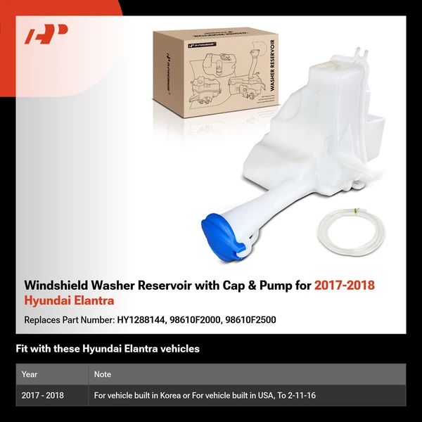 Windshield Washer Reservoir with Cap & Pump for 2017-2018 Hyundai Elantra
