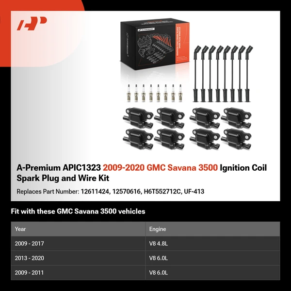 A-Premium APIC1323 2009-2020 GMC Savana 3500 Ignition Coil Spark Plug and Wire Kit