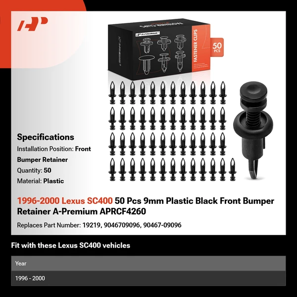 1996-2000 Lexus SC400 50 Pcs 9mm Plastic Black Front Bumper Retainer A-Premium APRCF4260
