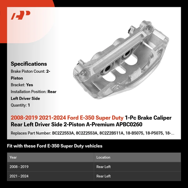 2008-2019 2021-2024 Ford E-350 Super Duty 1-Pc Brake Caliper Rear Left Driver Side 2-Piston A-Premium APBC0260
