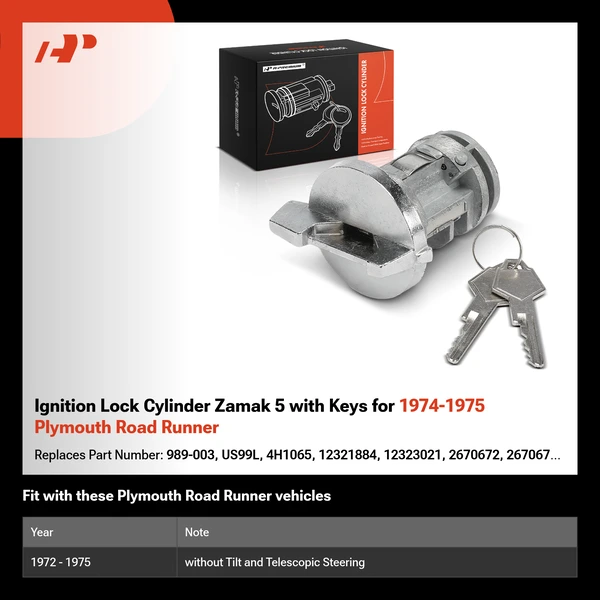 Ignition Lock Cylinder Zamak 5 with Keys for 1974-1975 Plymouth Road Runner