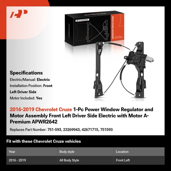 2016-2019 Chevrolet Cruze 1-Pc Power Window Regulator and Motor Assembly Front Left Driver Side Electric with Motor A-Premium APWR2642