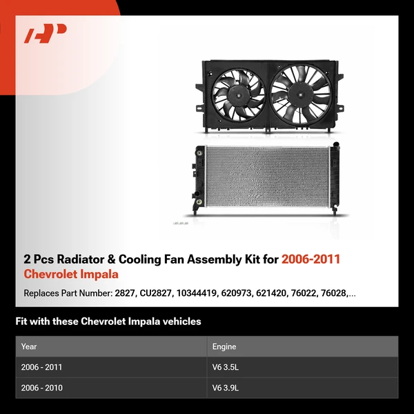 2 Pcs Radiator & Cooling Fan Assembly Kit for 2006-2011 Chevrolet Impala