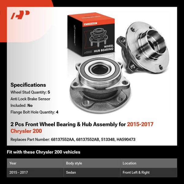 2 Pcs Front Wheel Bearing & Hub Assembly for 2015-2017 Chrysler 200
