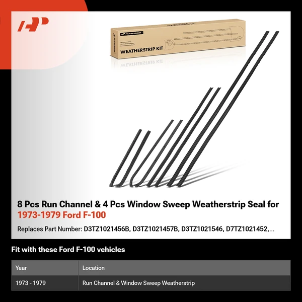 8 Pcs Run Channel & 4 Pcs Window Sweep Weatherstrip Seal for 1973-1979 Ford F-100