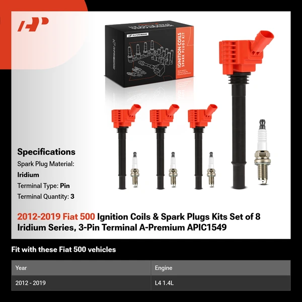 2012-2019 Fiat 500 Ignition Coils & Spark Plugs Kits Set of 8 Iridium Series, 3-Pin Terminal A-Premium APIC1549