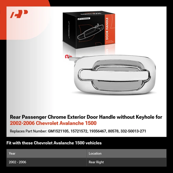 Rear Passenger Chrome Exterior Door Handle without Keyhole for 2002-2006 Chevrolet Avalanche 1500