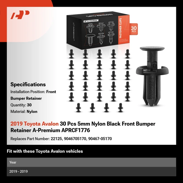 2019 Toyota Avalon 30 Pcs 5mm Nylon Black Front Bumper Retainer A-Premium APRCF1776