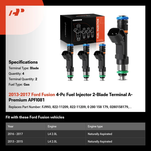 2013-2017 Ford Fusion 4-Pc Fuel Injector 2-Blade Terminal A-Premium APFI081