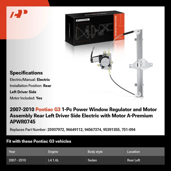 2007-2010 Pontiac G3 1-Pc Power Window Regulator and Motor Assembly Rear Left Driver Side Electric with Motor A-Premium APWR0745
