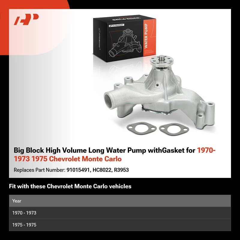 Big Block High Volume Long Water Pump withGasket for 1970-1973 1975 Chevrolet Monte Carlo