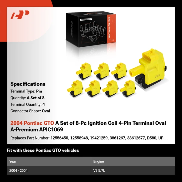 2004 Pontiac GTO A Set of 8-Pc Ignition Coil 4-Pin Terminal Oval A-Premium APIC1069