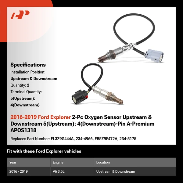 2016-2019 Ford Explorer 2-Pc Oxygen Sensor Upstream & Downstream 5(Upstream); 4(Downstream)-Pin A-Premium APOS1318