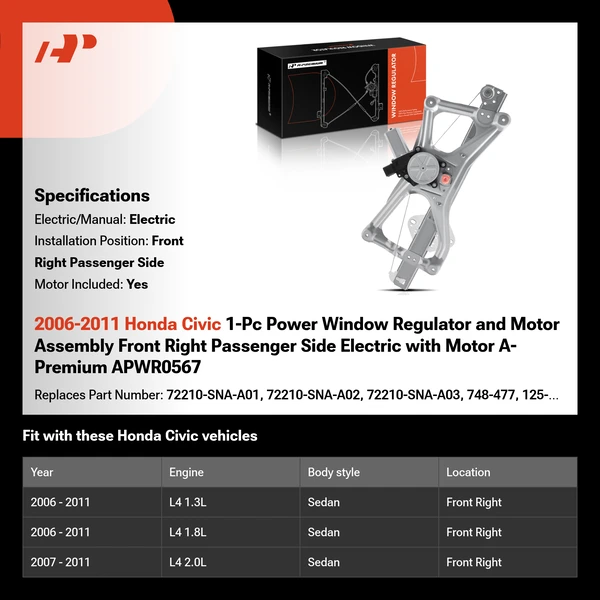 2006-2011 Honda Civic 1-Pc Power Window Regulator and Motor Assembly Front Right Passenger Side Electric with Motor A-Premium APWR0567