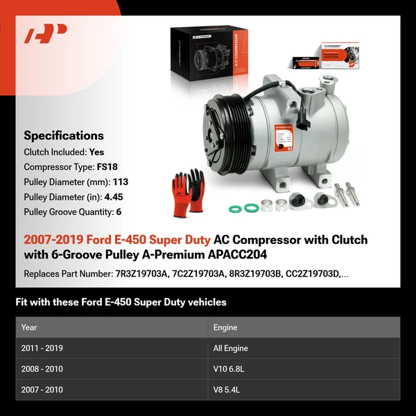 2007-2019 Ford E-450 Super Duty AC Compressor with Clutch with 6-Groove Pulley A-Premium APACC204