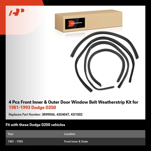 4 Pcs Front Inner & Outer Door Window Belt Weatherstrip Kit for 1981-1993 Dodge D250