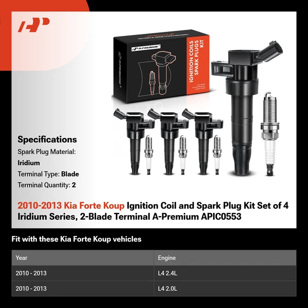 2010-2013 Kia Forte Koup Ignition Coil and Spark Plug Kit Set of 4 Iridium Series, 2-Blade Terminal A-Premium APIC0553