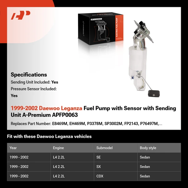 1999-2002 Daewoo Leganza Fuel Pump with Sensor with Sending Unit A-Premium APFP0063
