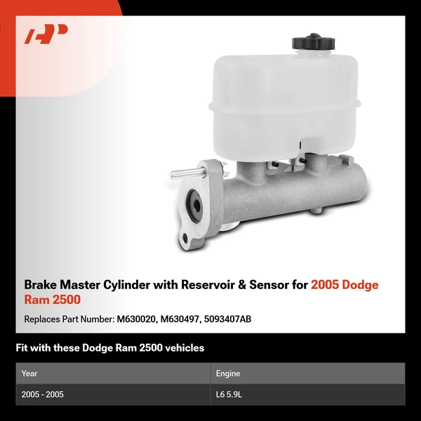 Brake Master Cylinder with Reservoir & Sensor for 2005 Dodge Ram 2500