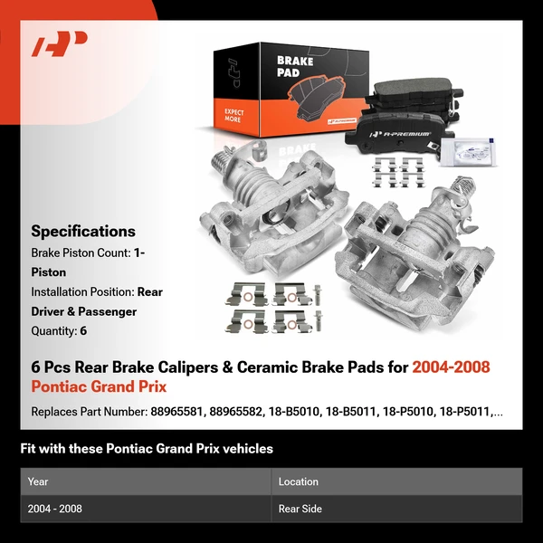 6 Pcs Rear Brake Calipers & Ceramic Brake Pads for 2004-2008 Pontiac Grand Prix