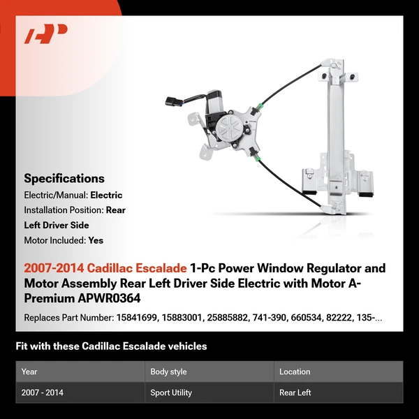 2007-2014 Cadillac Escalade 1-Pc Power Window Regulator and Motor Assembly Rear Left Driver Side Electric with Motor A-Premium APWR0364