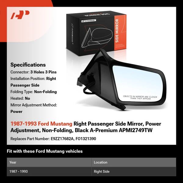 1987-1993 Ford Mustang Right Passenger Side Mirror, Power Adjustment, Non-Folding, Black A-Premium APMI2749TW