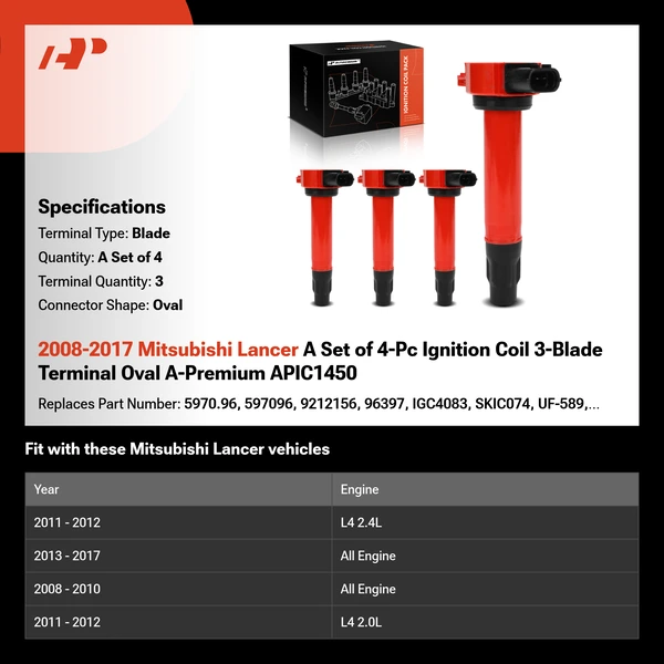 2008-2017 Mitsubishi Lancer A Set of 4-Pc Ignition Coil 3-Blade Terminal Oval A-Premium APIC1450