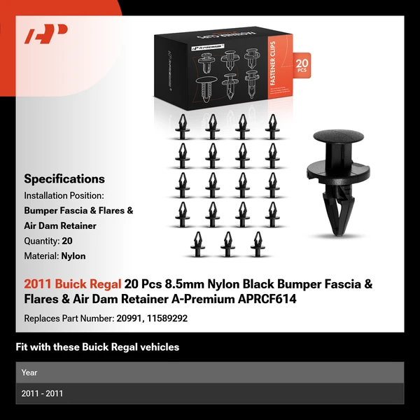 2011 Buick Regal 20 Pcs 8.5mm Nylon Black Bumper Fascia & Flares & Air Dam Retainer A-Premium APRCF614