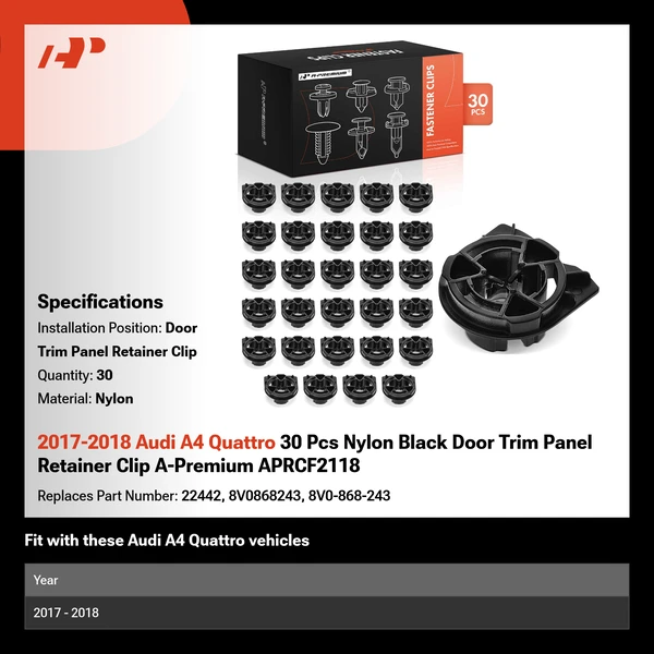 2017-2018 Audi A4 Quattro 30 Pcs Nylon Black Door Trim Panel Retainer Clip A-Premium APRCF2118