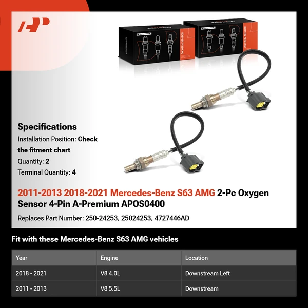 2011-2013 2018-2021 Mercedes-Benz S63 AMG 2-Pc Oxygen Sensor 4-Pin A-Premium APOS0400