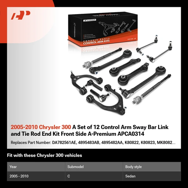 2005-2010 Chrysler 300 A Set of 12 Control Arm Sway Bar Link and Tie Rod End Kit Front Side A-Premium APCA0314