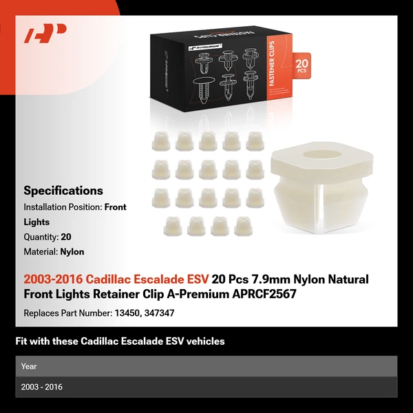 2003-2016 Cadillac Escalade ESV 20 Pcs 7.9mm Nylon Natural Front Lights Retainer Clip A-Premium APRCF2567