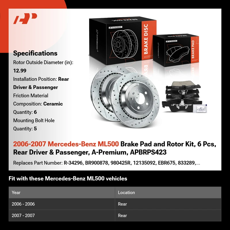2006-2007 Mercedes-Benz ML500 Brake Pad and Rotor Kit, 6 Pcs, Rear Driver & Passenger, A-Premium, APBRPS423