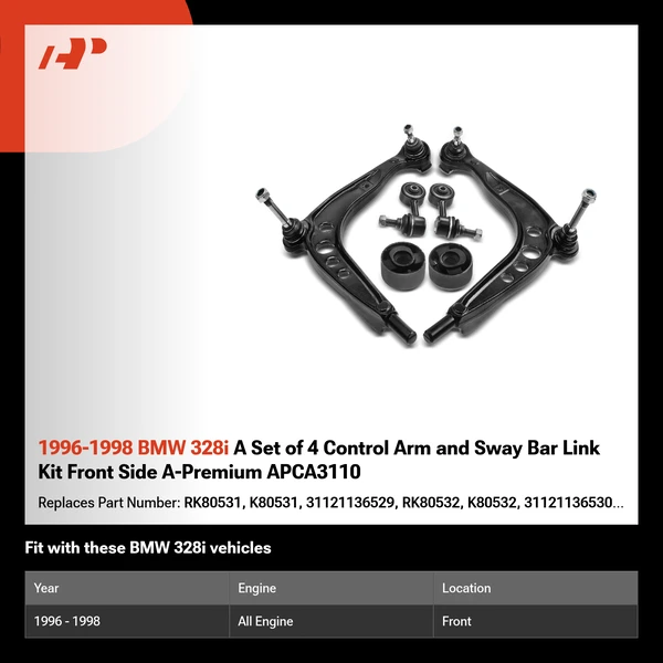 1996-1998 BMW 328i A Set of 4 Control Arm and Sway Bar Link Kit Front Side A-Premium APCA3110
