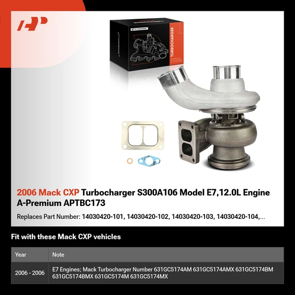 2006 Mack CXP Turbocharger S300A106 Model E7,12.0L Engine A-Premium APTBC173