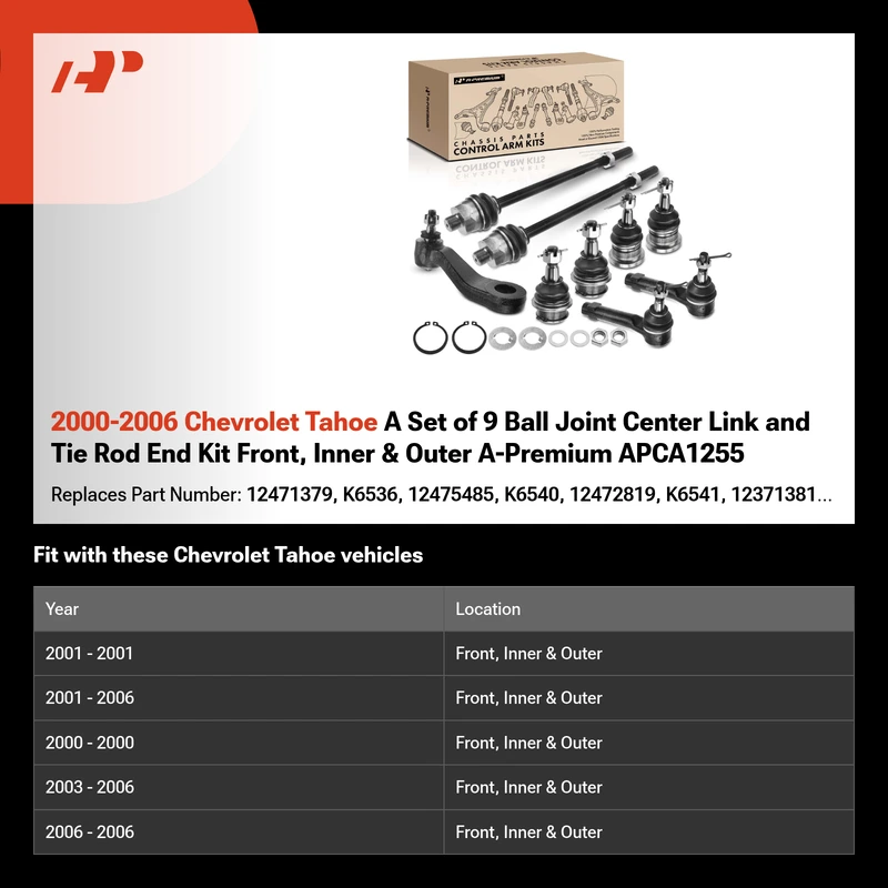 2000-2006 Chevrolet Tahoe A Set of 9 Ball Joint Center Link and Tie Rod End Kit Front, Inner & Outer A-Premium APCA1255