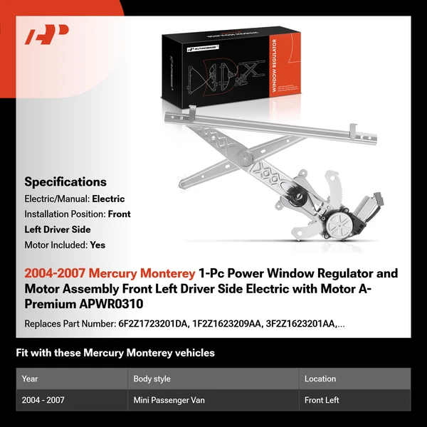 2004-2007 Mercury Monterey 1-Pc Power Window Regulator and Motor Assembly Front Left Driver Side Electric with Motor A-Premium APWR0310