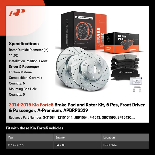 2014-2016 Kia Forte5 Brake Pad and Rotor Kit, 6 Pcs, Front Driver & Passenger, A-Premium, APBRPS329