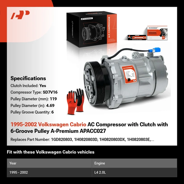 1995-2002 Volkswagen Cabrio AC Compressor with Clutch with 6-Groove Pulley A-Premium APACC027