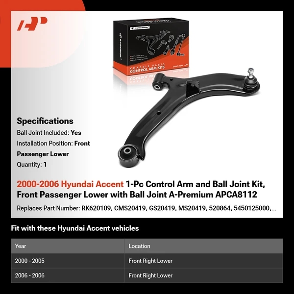 2000-2006 Hyundai Accent 1-Pc Control Arm and Ball Joint Kit, Front Passenger Lower with Ball Joint A-Premium APCA8112